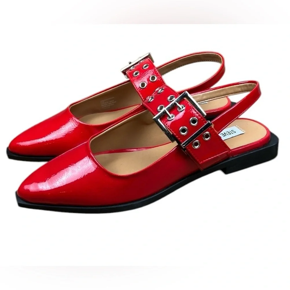 Steve Madden Red Studded Buckle Leather Y2K Slingback Flats Vintage Retro New - Picture 11 of 12